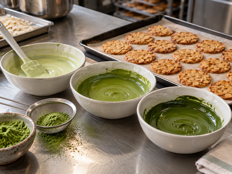 Small samples of white chocolate with different matcha additions beside plain almond florentines