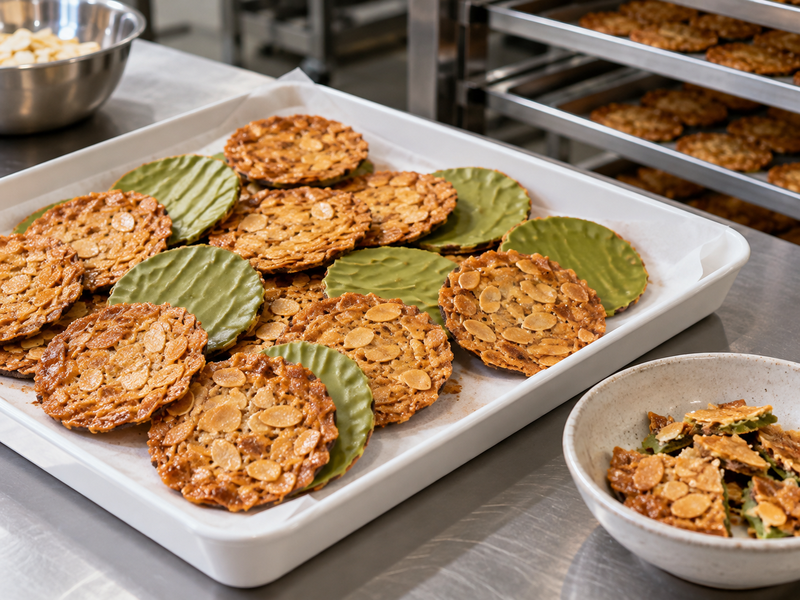 Finished green backed florentines arranged in a protective tray with a separate bowl of fragments