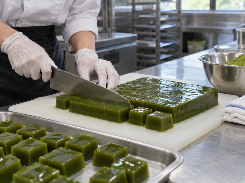 Matcha jelly being cut into even cubes