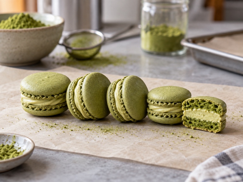 Green matcha macarons, one cut open, on parchment in a pastry test kitchen