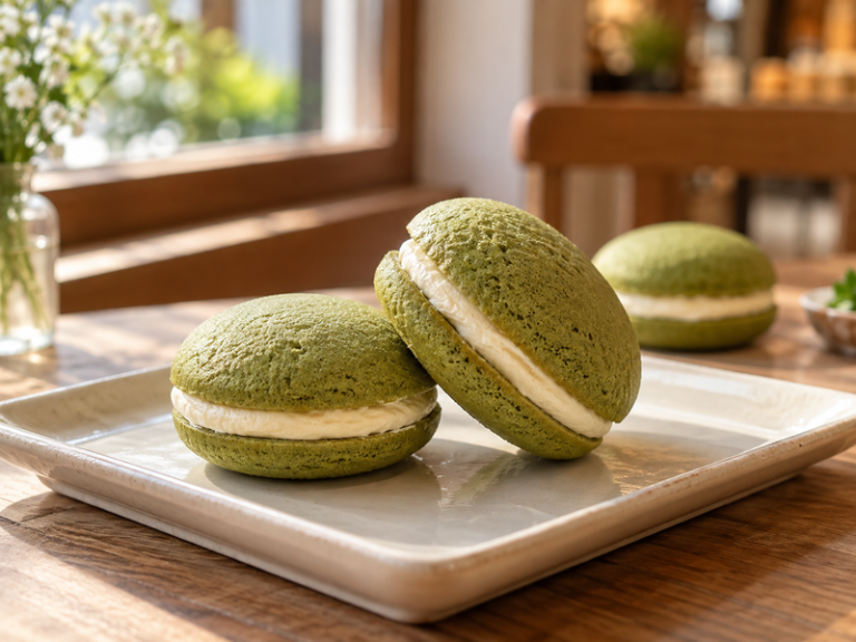 Fresh matcha whoopie pies with green cake rounds and a pale filling