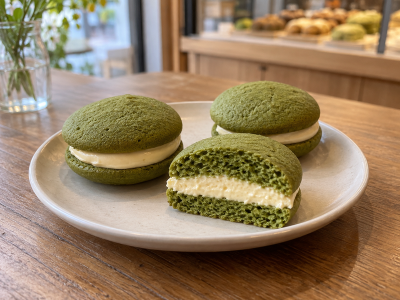 Matcha whoopie pies with soft green cake shells and a pale cream filling