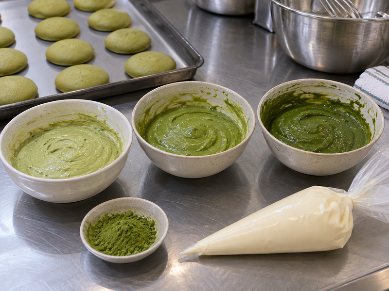Small matcha cake batter trials beside weighed tea powder and a piping bag
