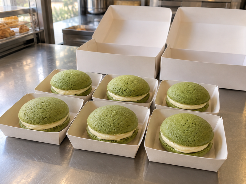 Evenly portioned matcha whoopie pies in individual paper trays for packing