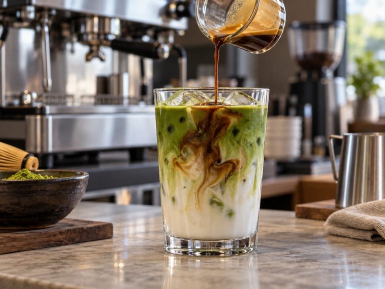 Iced dirty matcha with a freshly poured espresso layer on a café counter
