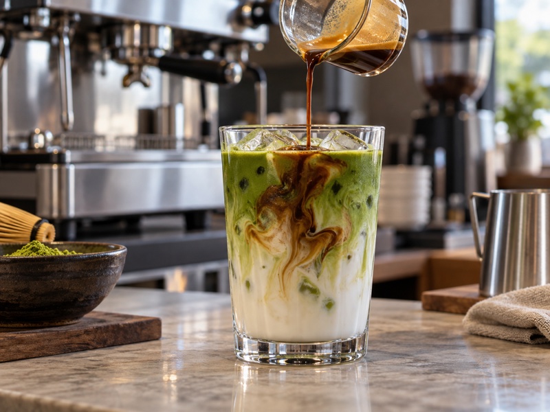 Iced dirty matcha with a freshly poured espresso layer on a café counter
