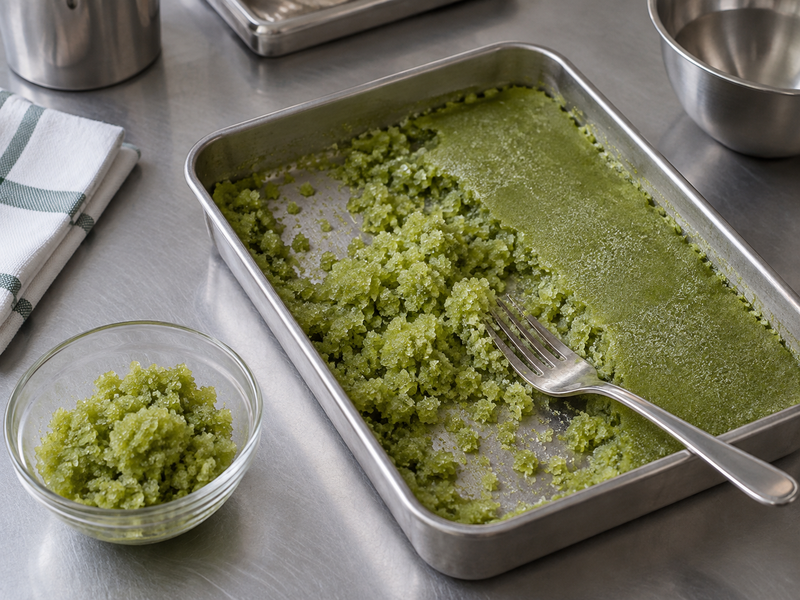 Matcha granita in a shallow tray with loose green ice crystals and a scraping fork