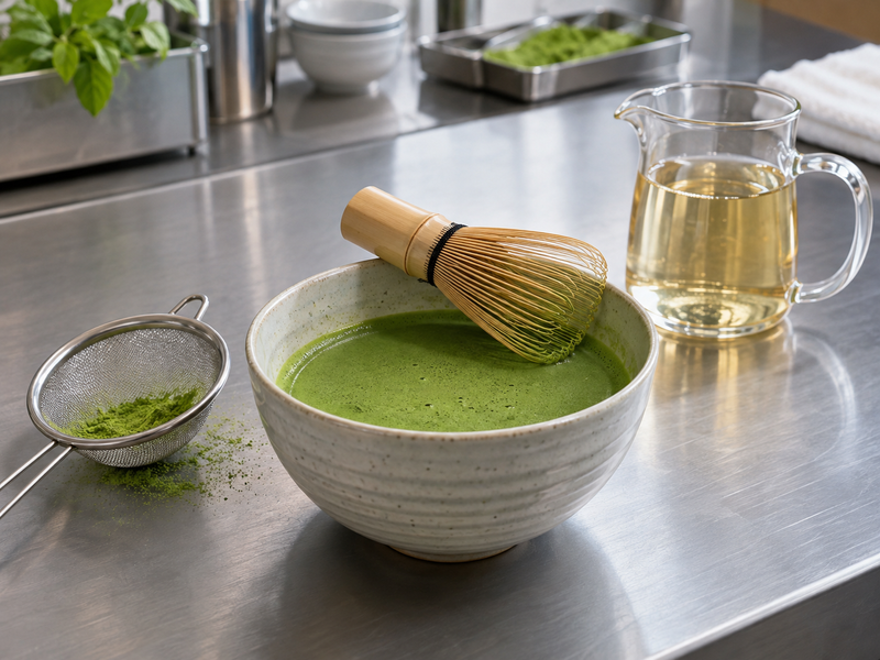 Smooth matcha dispersion and syrup ready for a granita base