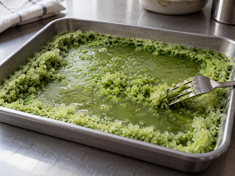 Partially frozen matcha granita with scraped edge crystals and a wetter center