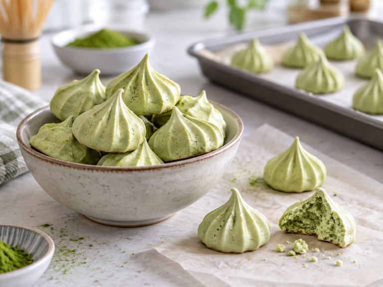 Delicate matcha meringue cookies with pale green piped ridges
