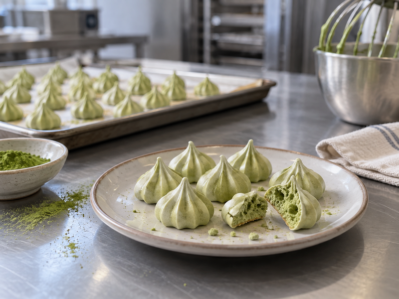 Pale green matcha meringue cookies with one broken open to show a light dry center
