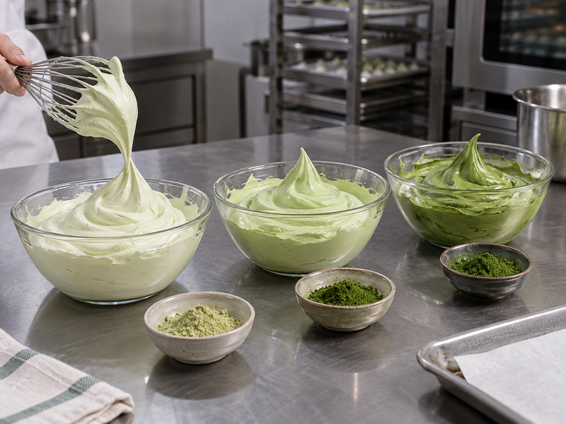 Three small bowls of pale green meringue prepared with different measured tea additions
