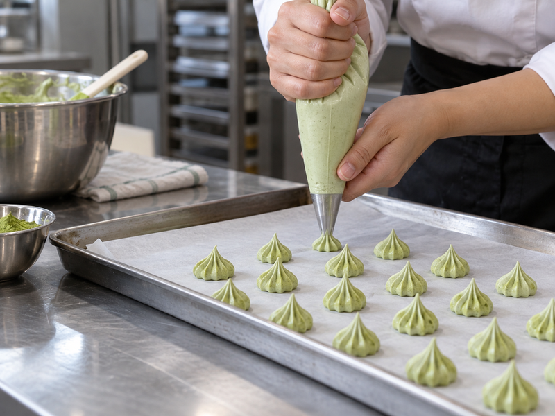 A piping bag forms small even green meringue kisses on a parchment lined tray