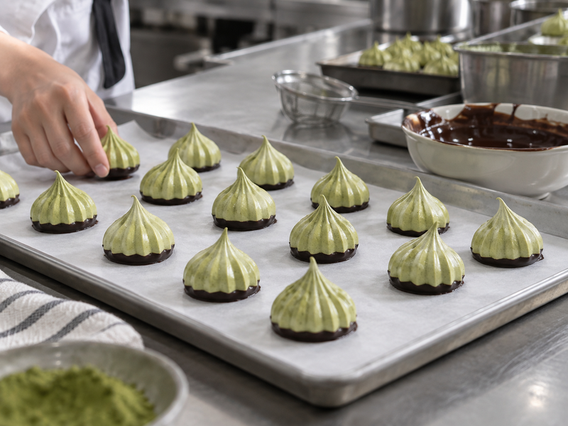 Pale green meringue kisses with thin dark chocolate bases setting on parchment