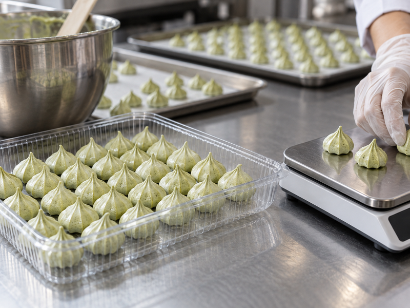 Small green meringue cookies arranged in a protective clear food tray beside weighed samples