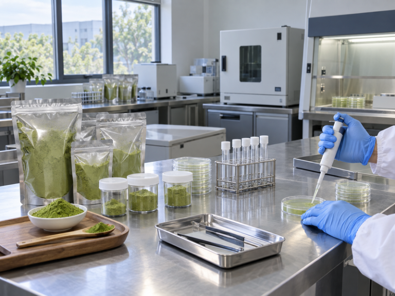 matcha microbiological testing: Wide Chinese microbiology quality room with sealed matcha pouches, sample containers and closed laboratory equipment