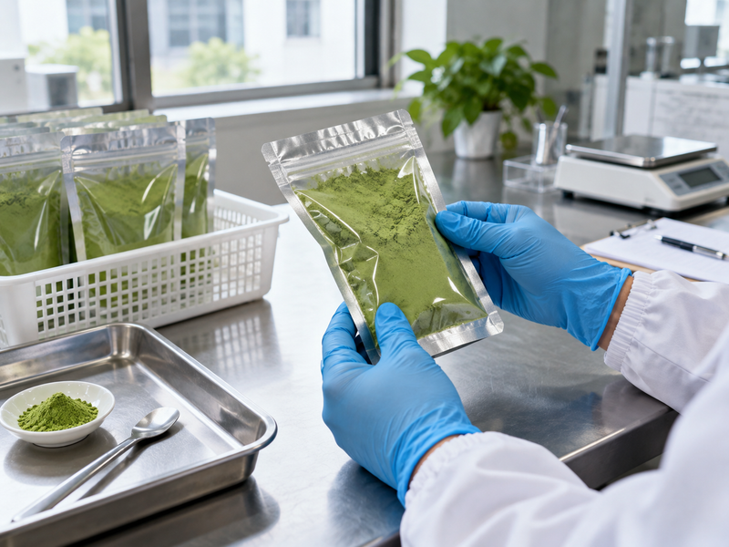 matcha microbiological testing: adult gloved hands checking a sealed dry powder sample