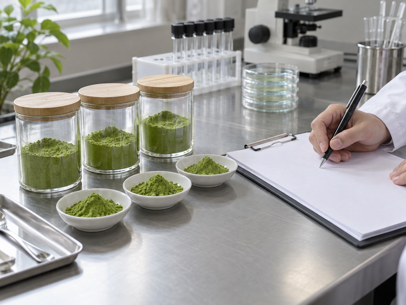 matcha microbiological testing: separate sample containers beside plain report pages