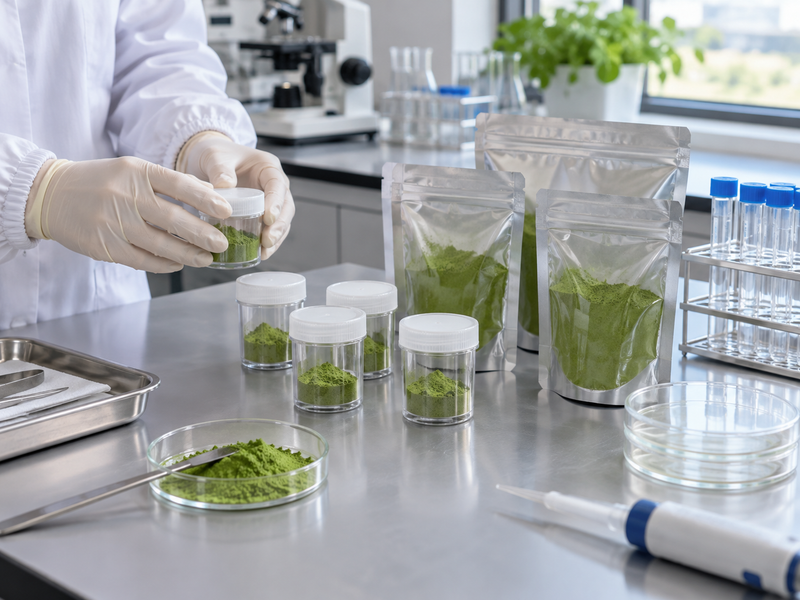 matcha microbiological testing: closed sample carriers and sealed pouches on a clean laboratory bench