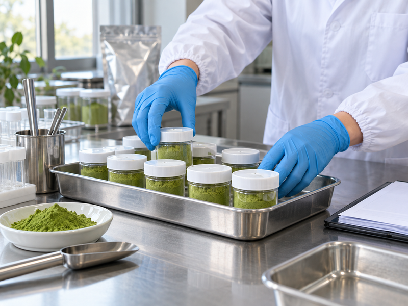 matcha microbiological testing: adult gloved hands organizing incoming samples in a stainless tray