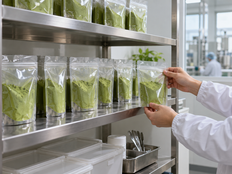 matcha microbiological testing: sealed retained samples on a dry factory quality shelf