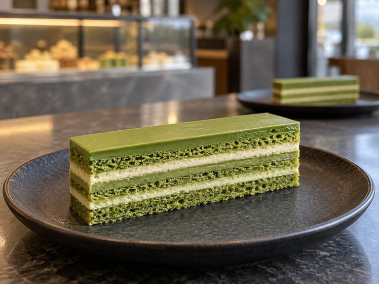 Fresh matcha opera cake presented in a cafe