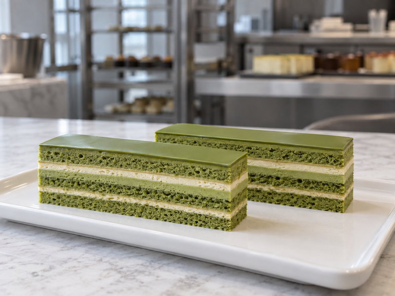Matcha opera cake slices showing thin green sponge and cream layers