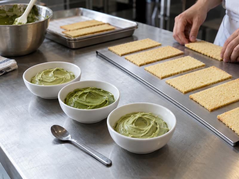 Small matcha ganache samples beside measured sponge rectangles for layer trials