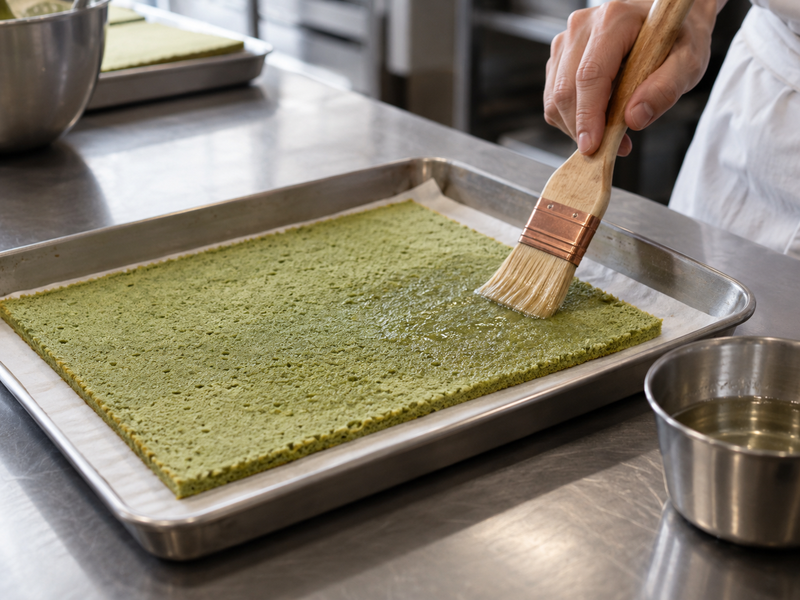 A pastry brush applying a measured syrup layer to a thin green sponge sheet