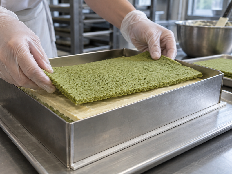 Hands aligning thin green sponge and cream layers inside a rectangular pastry frame