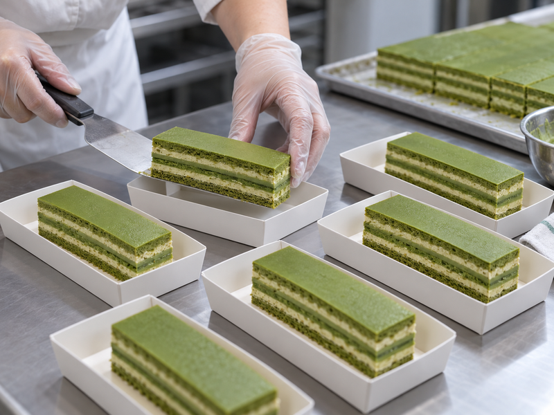 Clean matcha opera cake rectangles being placed in individual plain pastry trays