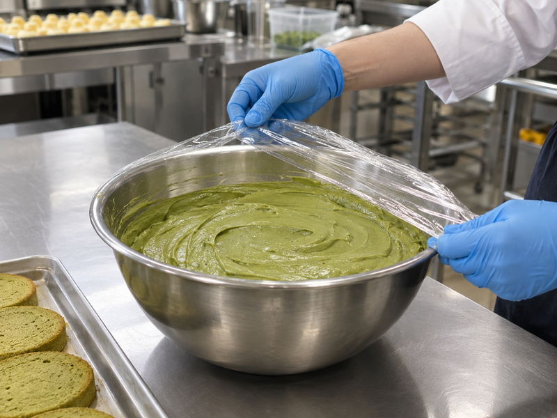 Matcha pastry cream cooling in a food-safe bowl