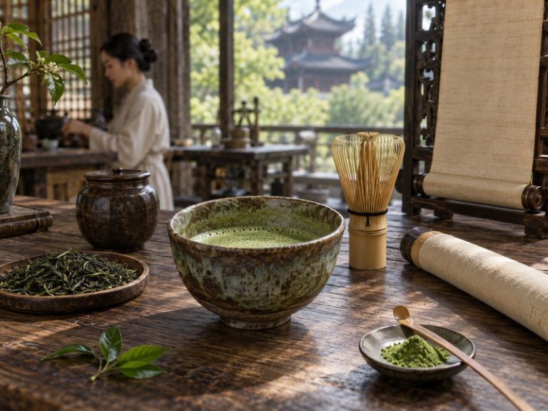 Matcha tea origin still life with ceramic bowl, tea leaves and bamboo whisk