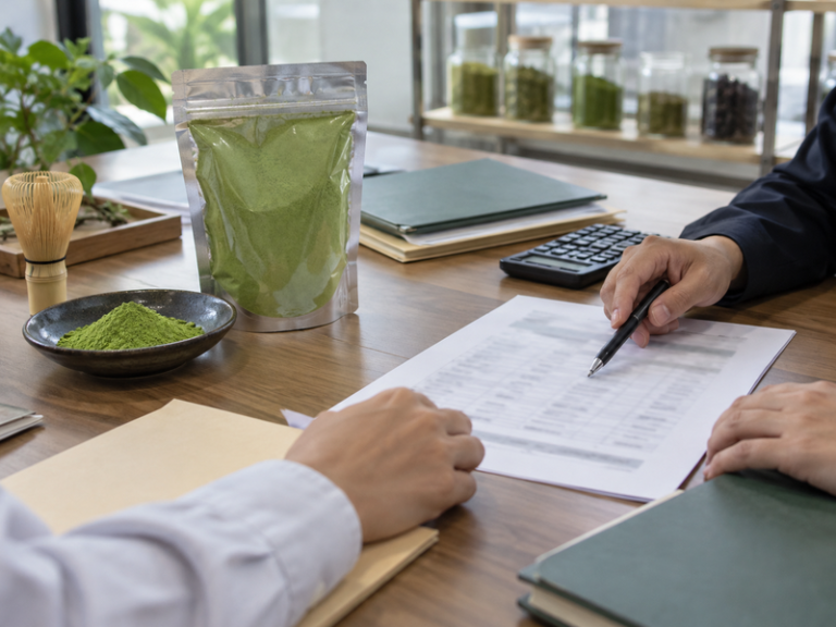 Matcha order paperwork and sample at a purchasing meeting