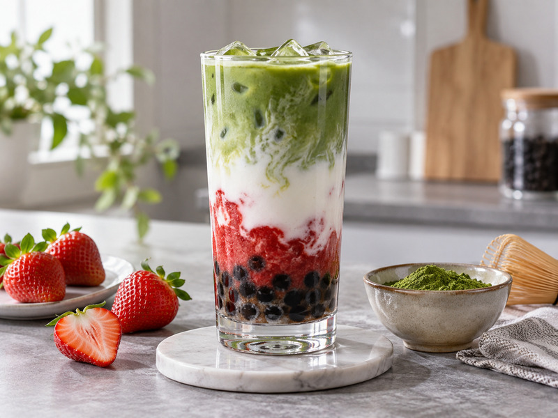 Strawberry matcha boba in a clear iced glass
