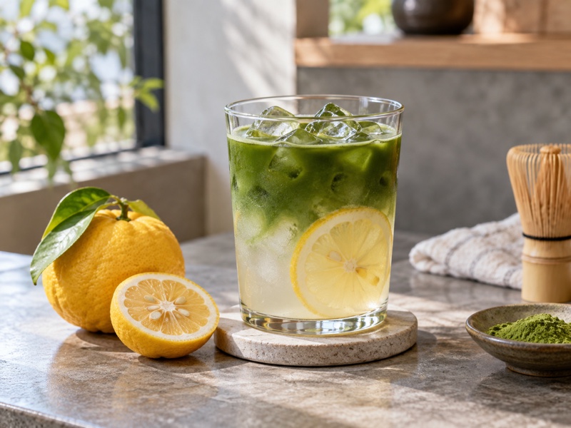 An iced yuzu matcha drink beside real yuzu fruit on a café counter