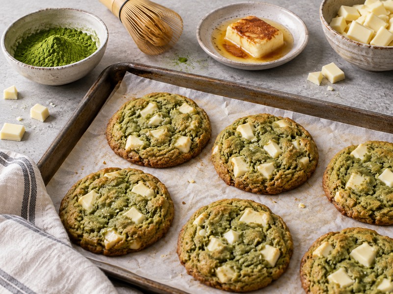 Brown butter matcha cookies with white chocolate