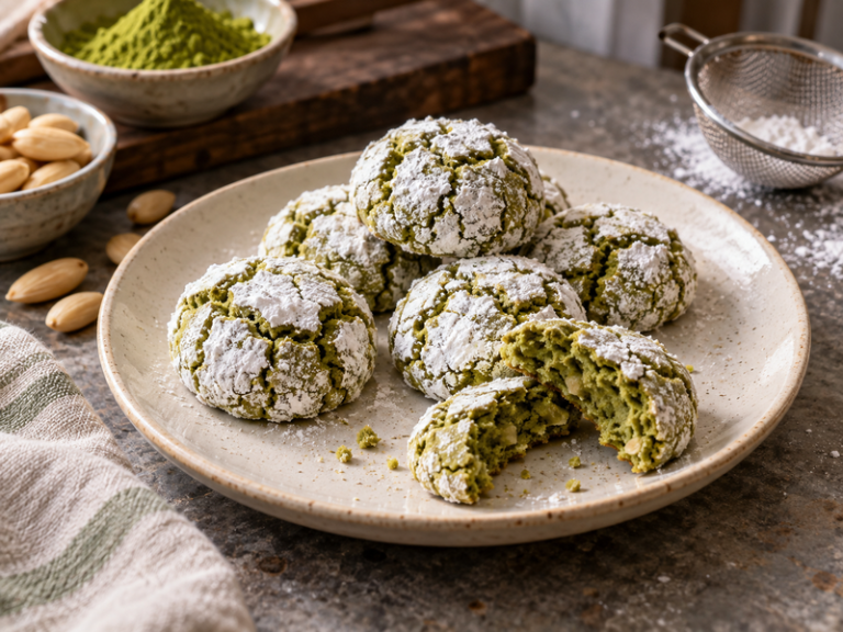 Sugar-cracked matcha amaretti ready for cafe service