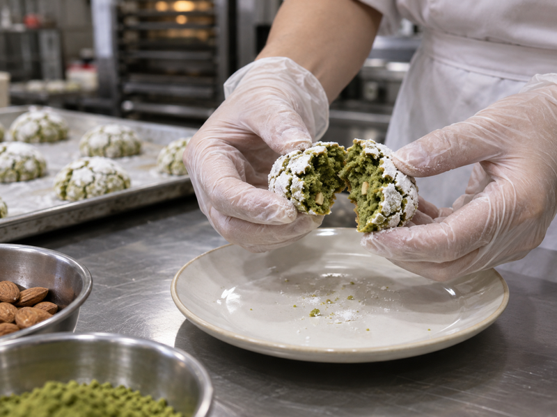 Matcha amaretti broken open to inspect the almond center