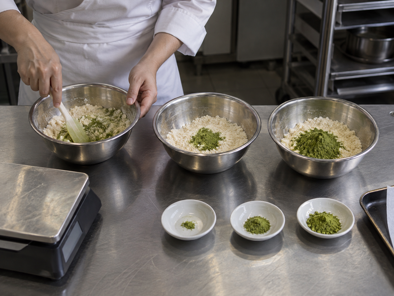 Small matcha and almond flour batches prepared for a baking comparison