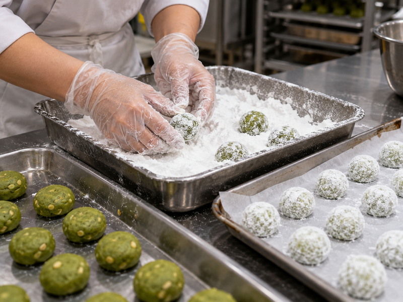 Portioned green amaretti dough receiving its powdered sugar coating