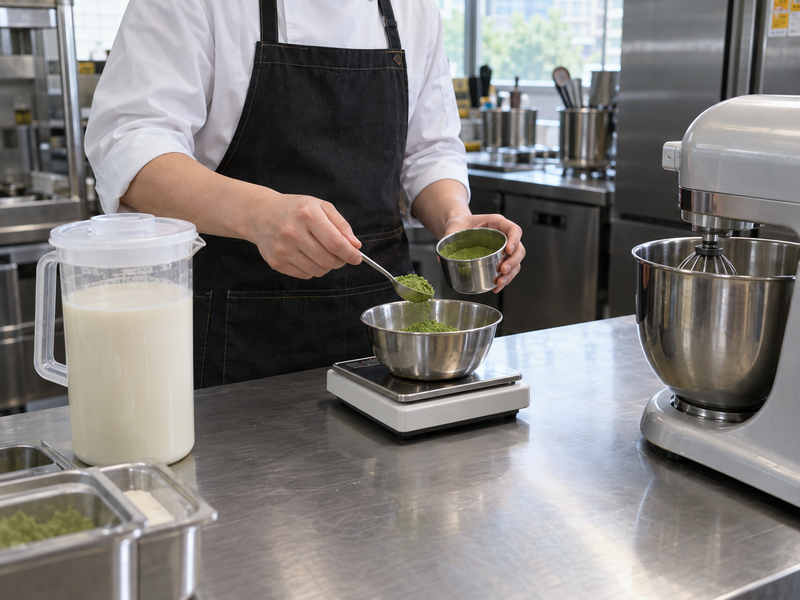Weighing matcha and beverage base for a repeatable preparation