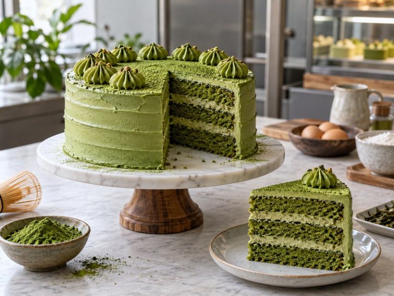 Matcha cake with green sponge layers and a cut slice in a bakery test kitchen