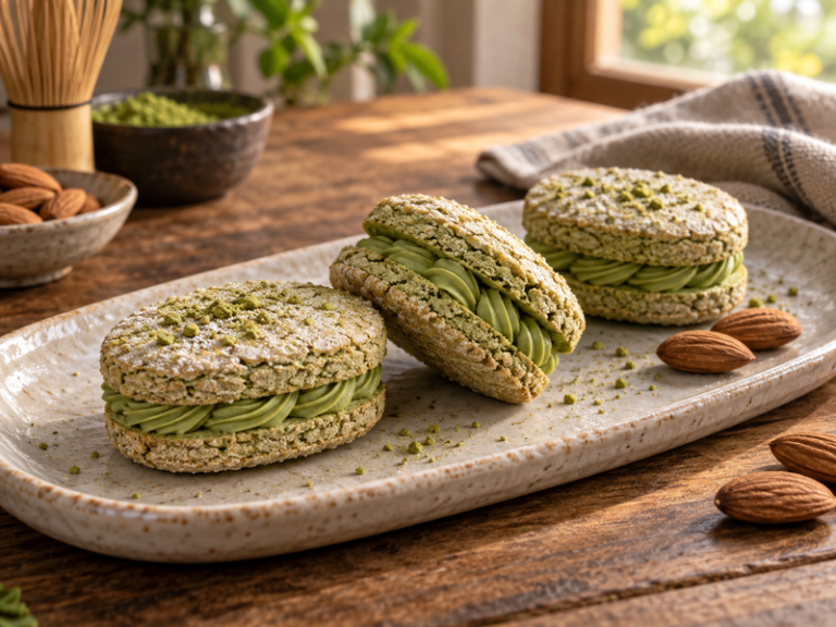 matcha dacquoise prepared for professional cafe or bakery service