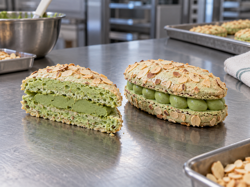 Matcha dacquoise sandwiches with almond meringue shells and green filling