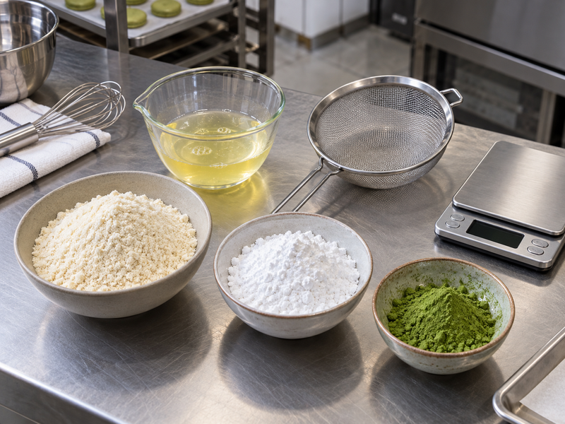 Sifted almond flour, icing sugar and matcha weighed beside egg whites