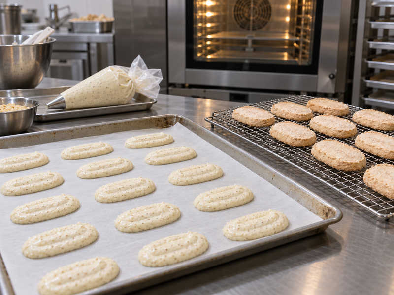 Piped oval dacquoise shells on a bakery tray beside cooled test shells