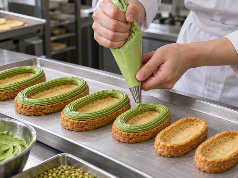 Hands piping a measured green filling between matched almond meringue shells