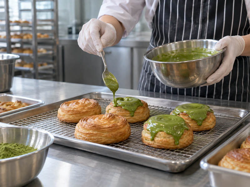 A measured matcha glaze being spooned over pastry