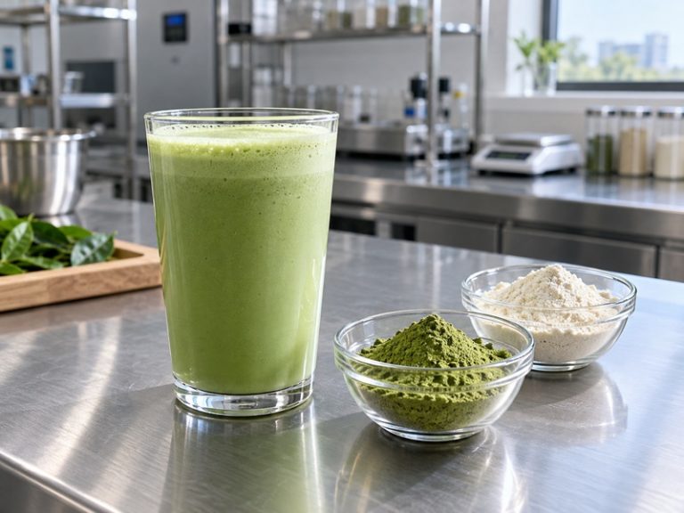 Matcha protein drink beside separate bowls of matcha and protein ingredients